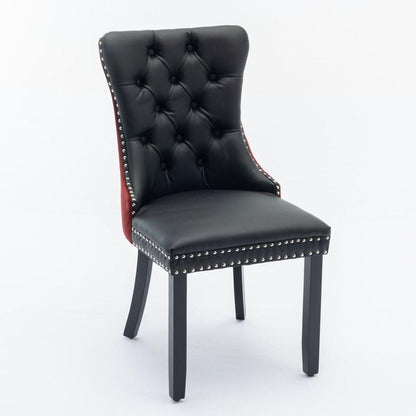 Nikki Collection Modern, High-end Tufted Solid Wood Contemporary PU and Velvet Upholstered Dining Chair with Wood Legs Nailhead Trim 2-Pcs Set, Black+WineRed, Burgundy