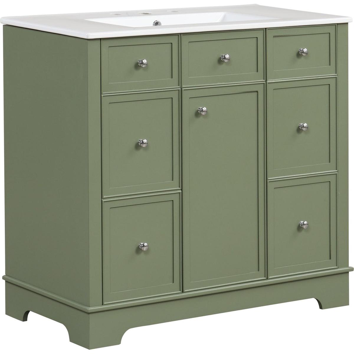 36" Bathroom Vanity with Sink, One Cabinet with Three drawers and One Flip Drawer, Solid Wood and MDF Board, Green