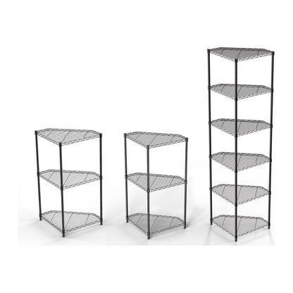 6 Tier Shelf Corner Wire Shelf Rack Pentagonal Shelves Adjustable Metal Heavy Duty Free Standing Corner Storage Display Chrome Rack for Bathroom, Living Room, Kitchen - Black