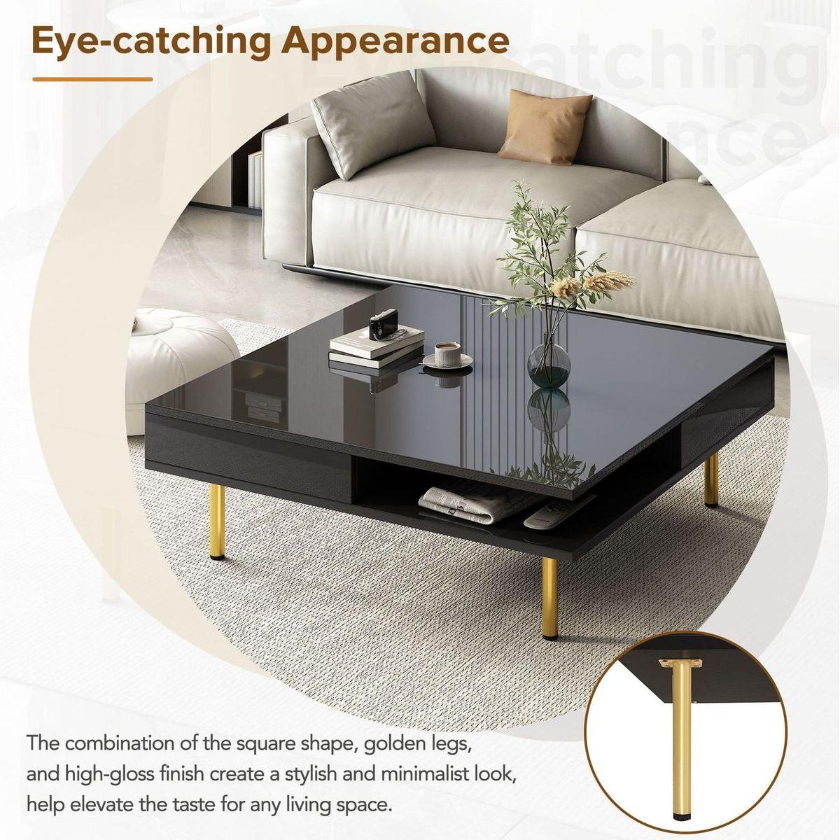 Exquisite High Gloss Coffee Table with 4 Golden Legs and 2 Small Drawers, 2-Tier Square Center Table for Living Room, Black