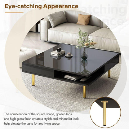 Exquisite High Gloss Coffee Table with 4 Golden Legs and 2 Small Drawers, 2-Tier Square Center Table for Living Room, Black