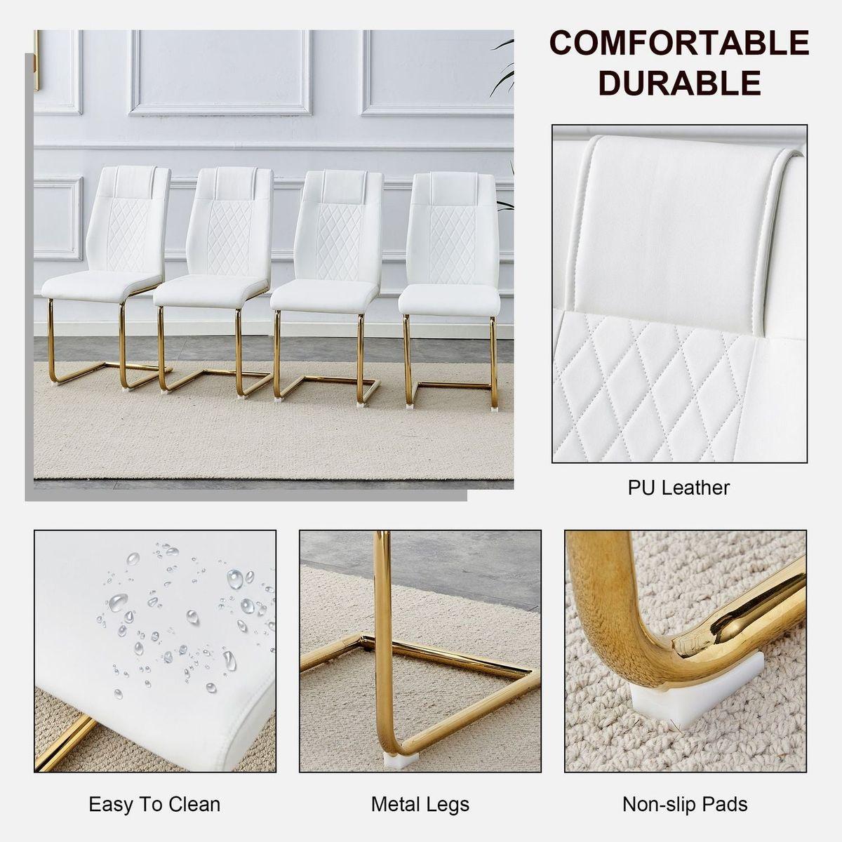 Modern dining chairs, dining room chairs, and golden leg cushioned chairs made of artificial leather, suitable for kitchens, living rooms, bedrooms, and offices. Set of 4 pieces (white+PU)