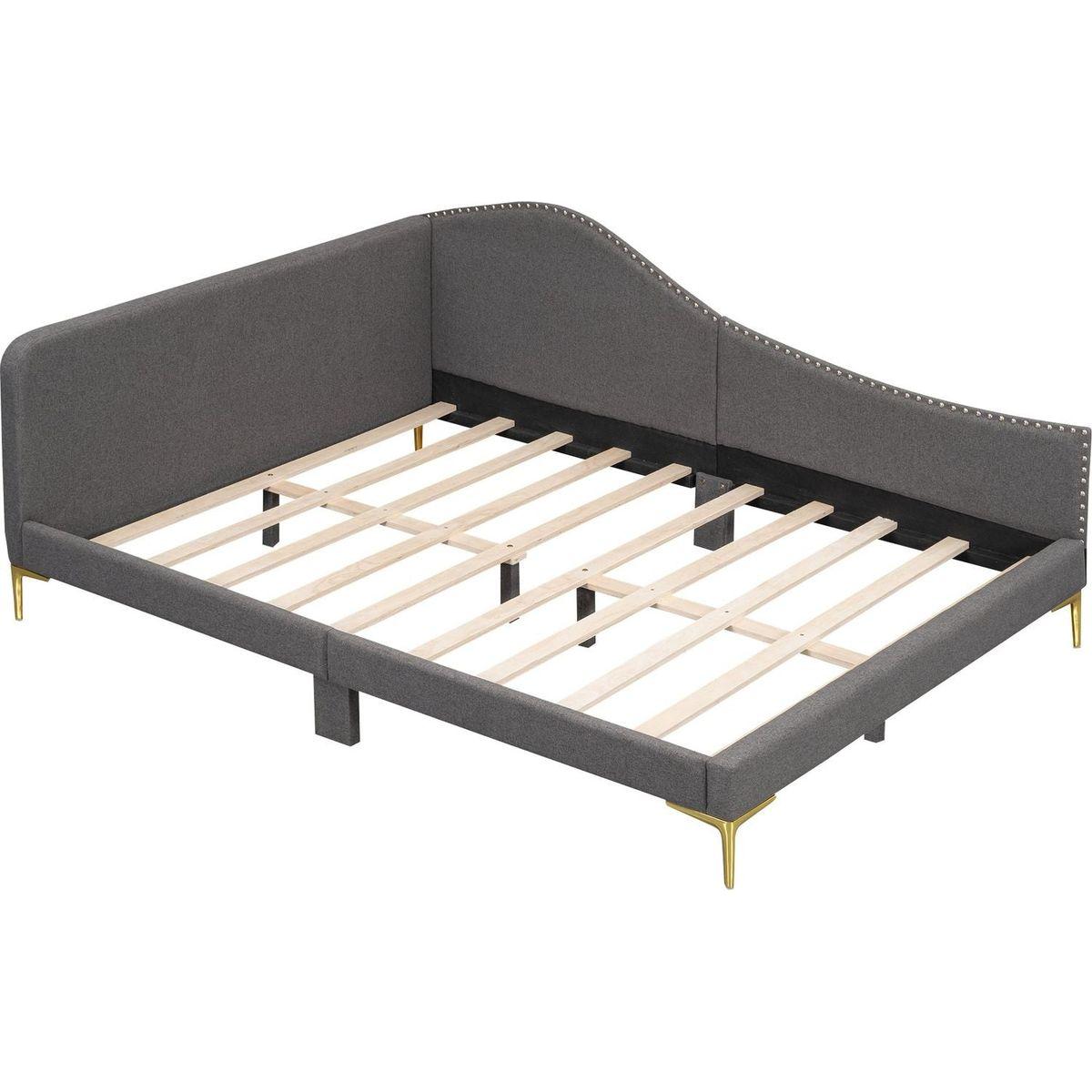 Full Size Upholstered Daybed with Headboard and Armrest, Support Legs, Grey