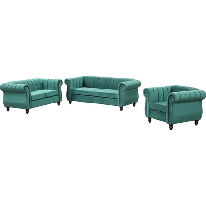 Modern three-piece sofa set with solid wood legs, buttoned tufted backrest, frosted velvet upholstered sofa set including three-seater sofa, double seater and living room furniture set Single chair