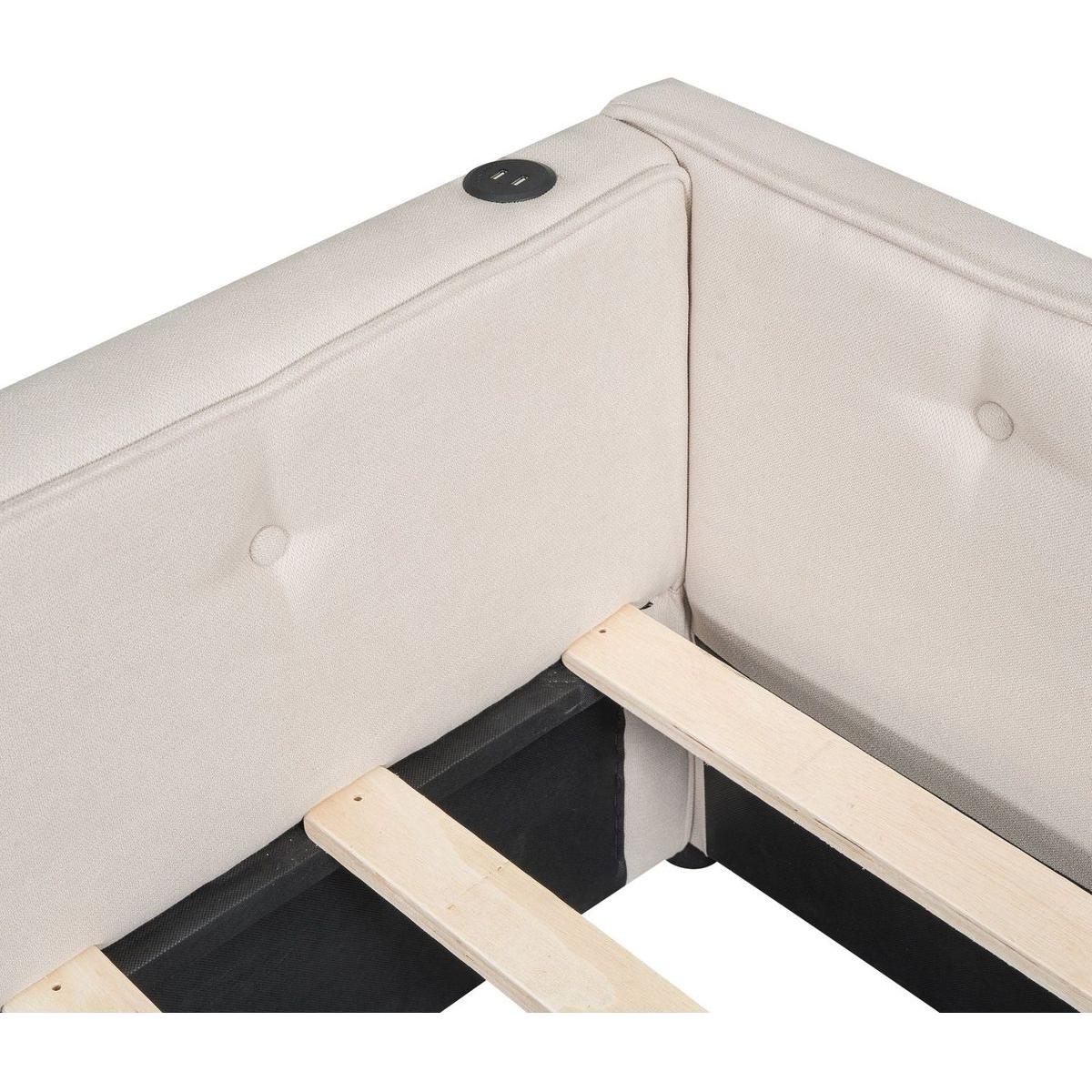 Queen Size Upholstered Platform Bed with USB and 2 Drawers, Beige