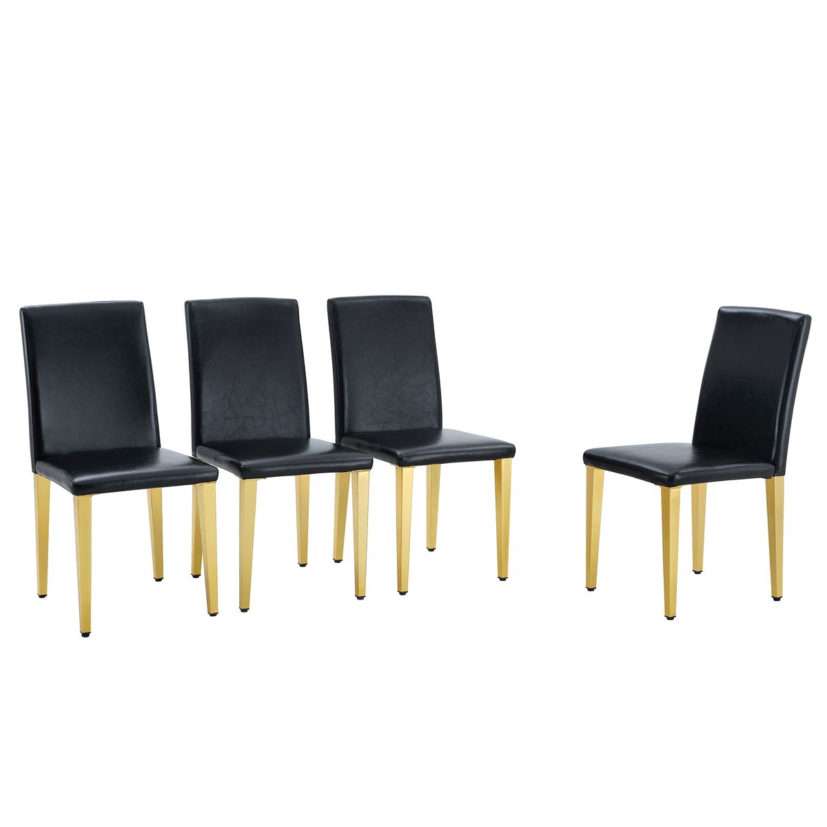 A Set of 4 Black PU Leather Backrest Chairs with Gold Metal Legs - A Perfect Pairing, Ideal for Minimalist and Modern Home Décor Styles, with Product Dimensions of 16.2*18.5*34.6 inches