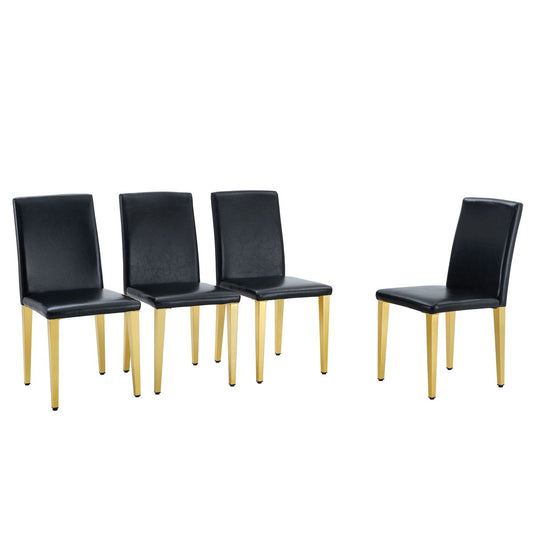 A Set of 4 Black PU Leather Backrest Chairs with Gold Metal Legs - A Perfect Pairing, Ideal for Minimalist and Modern Home Décor Styles, with Product Dimensions of 16.2*18.5*34.6 inches