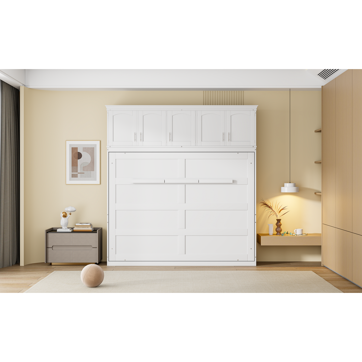 Full Size Murphy Bed Wall Bed with Top Cabinets,White