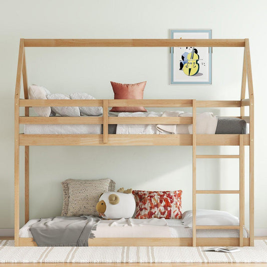 Twin over Twin Rubber Wood Floor Bunk Bed, with ladder,Guardrails,House-Shaped-Bunk Bed,White oak
