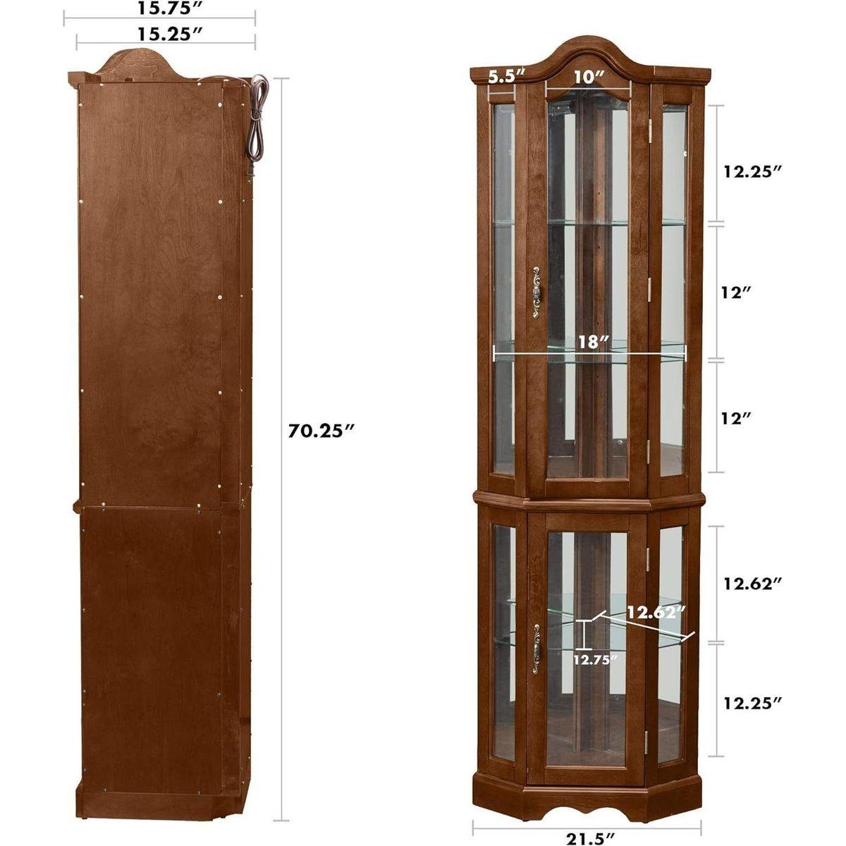 Corner Curio Cabinet with Lights, Adjustable Tempered Glass Shelves, Mirrored Back, Display Cabinet,Walnut
