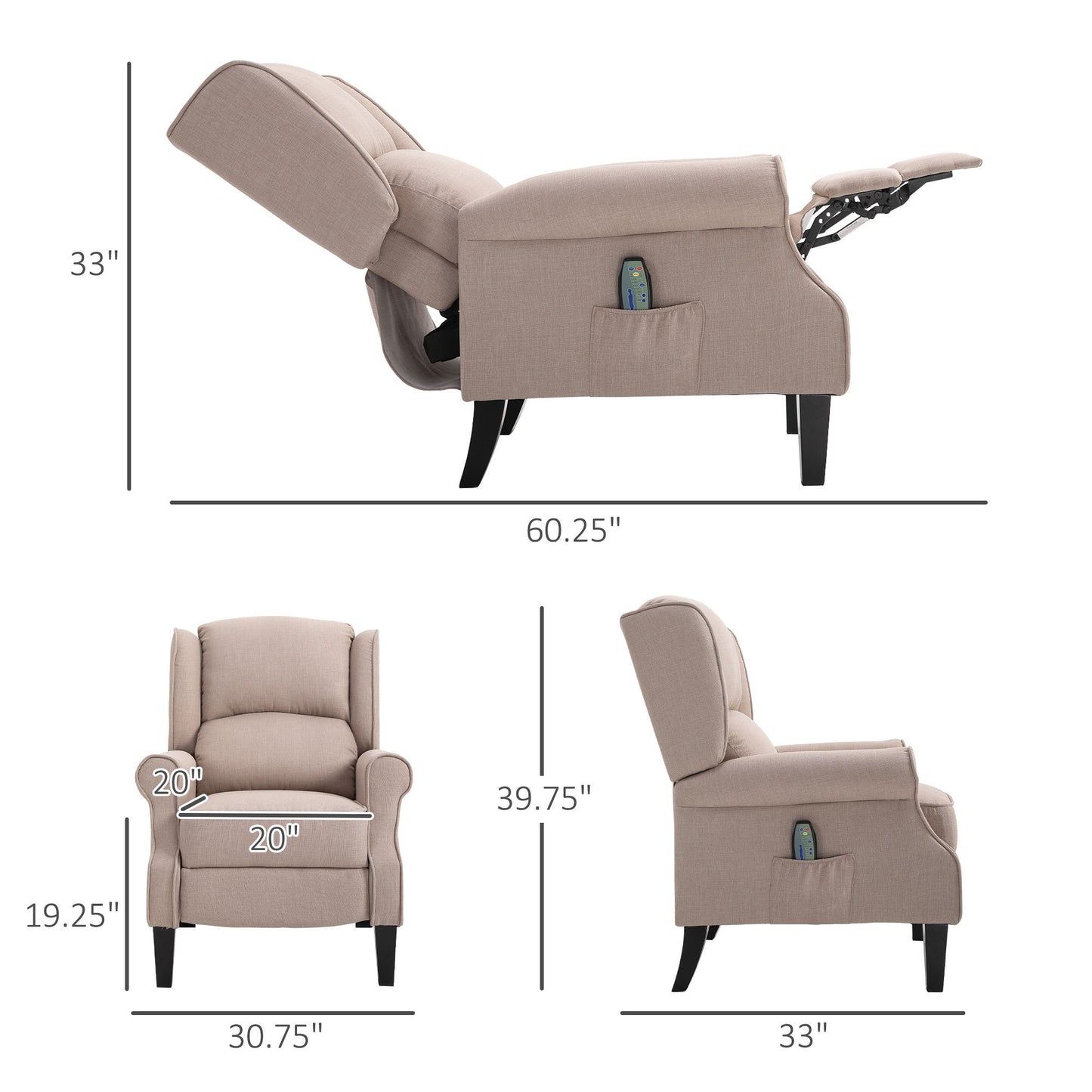 Massage Recliner Sofa with Heat Function, Remote Control, Beige