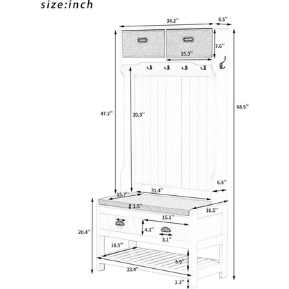 Hall Tree with 6 Hooks and Hinged Lid, Coat Hanger, Entryway Bench, Storage Bench, 3-in-1 Design, 69INCH, for Entrance, Hallway