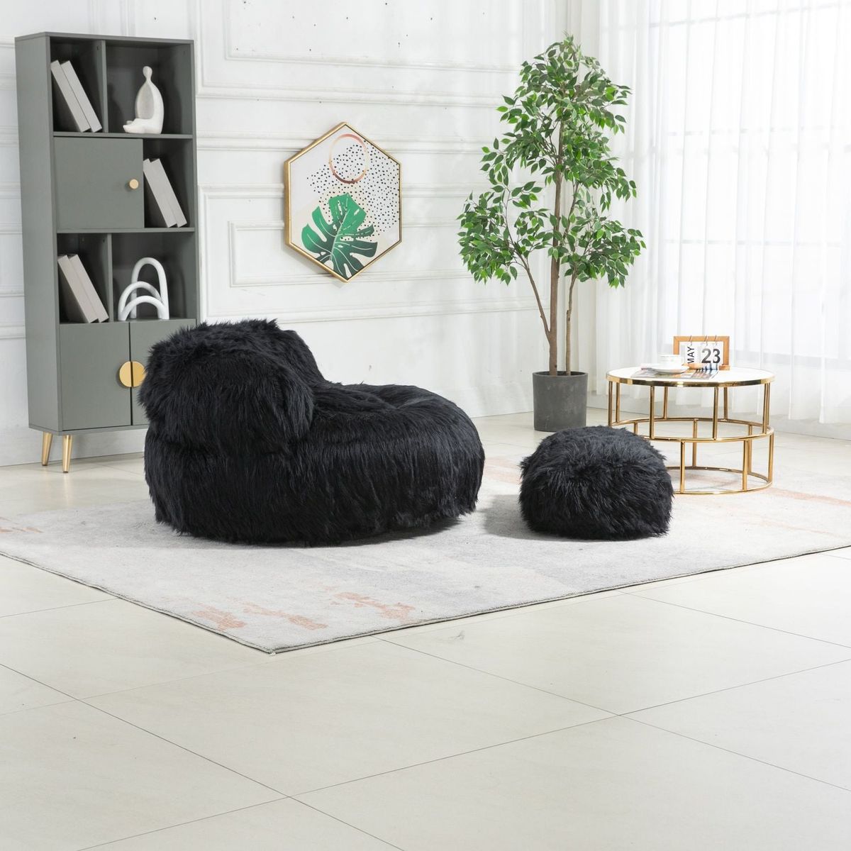 Bean Bag Chair Faux fur Lazy Sofa /Footstool Durable Comfort Lounger High Back Bean Bag Chair Couch for Adults and Kids, Indoor