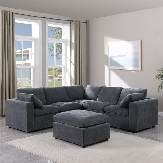 Modular Sectional Sofa, Convertible L Shaped Sofa Couch, Modular Sectionals with Ottomans, 6 Seat Sofa Couch with Reversible Chaise for Living Room. Chenille Grey