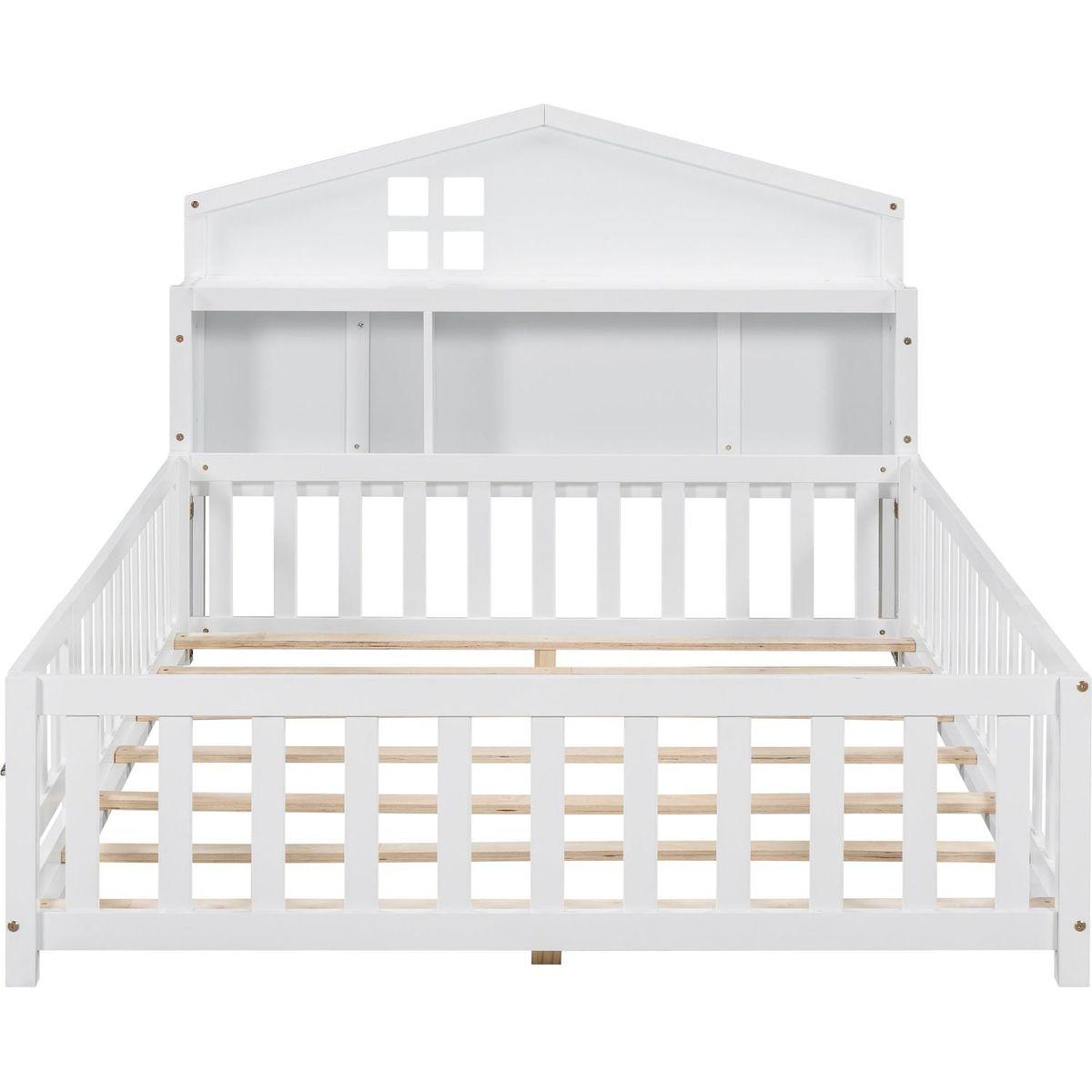 Full-size Floor Beds with Bookcases and Blackboards, Versatile Platform Beds with Guard rails, Solid Wood Floor Beds with Storage Headboards, Floor Beds for Kids and Teens White