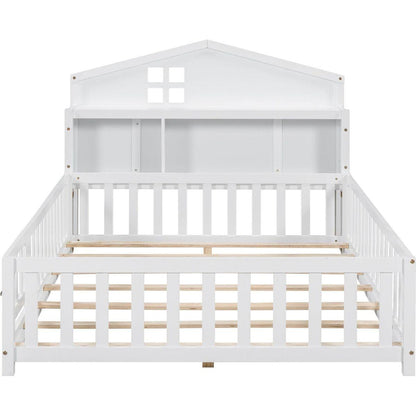 Full-size Floor Beds with Bookcases and Blackboards, Versatile Platform Beds with Guard rails, Solid Wood Floor Beds with Storage Headboards, Floor Beds for Kids and Teens White