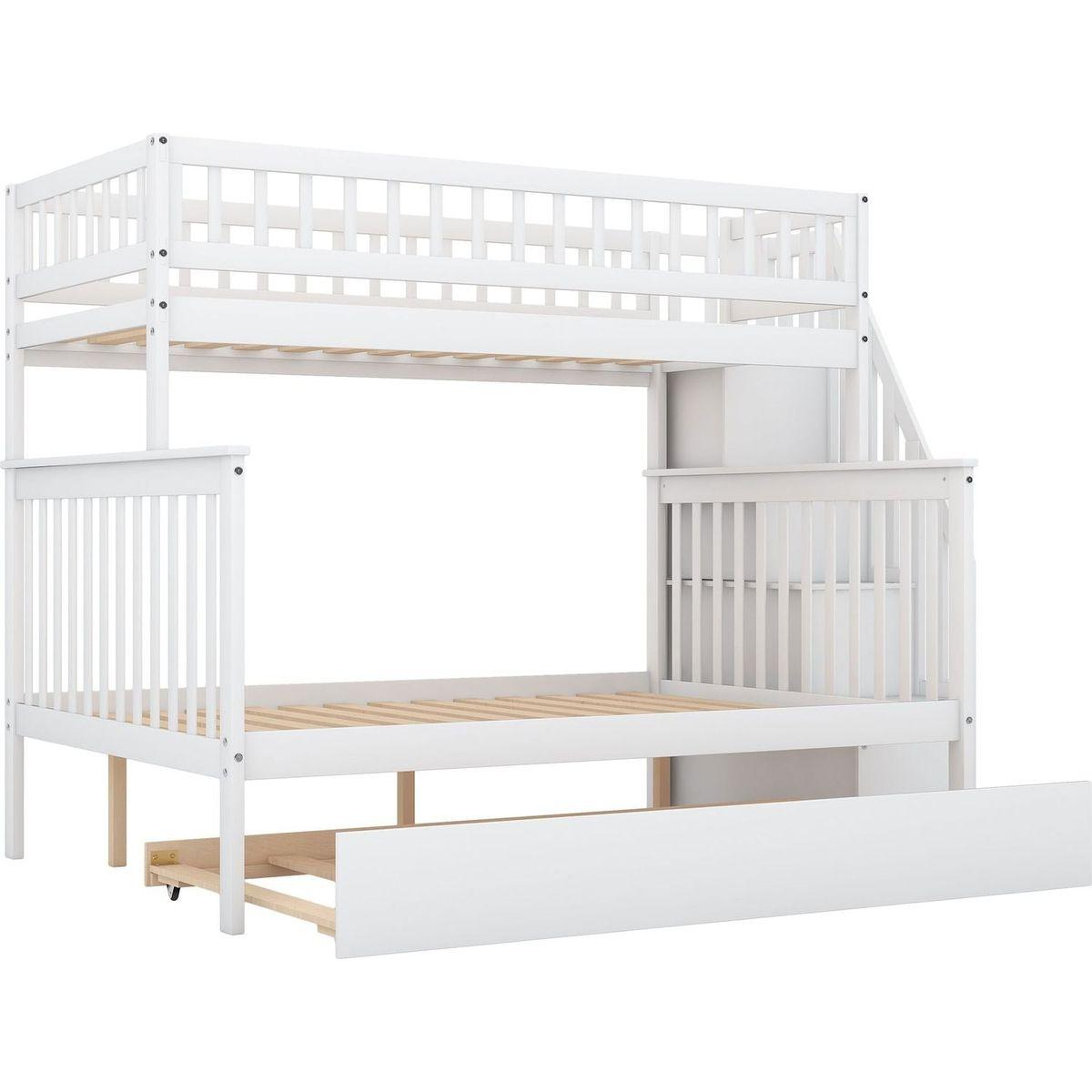 Twin over Full Bunk Bed with Trundle and Staircase,White
