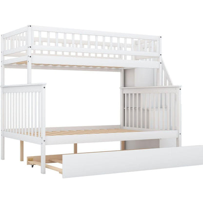 Twin over Full Bunk Bed with Trundle and Staircase,White