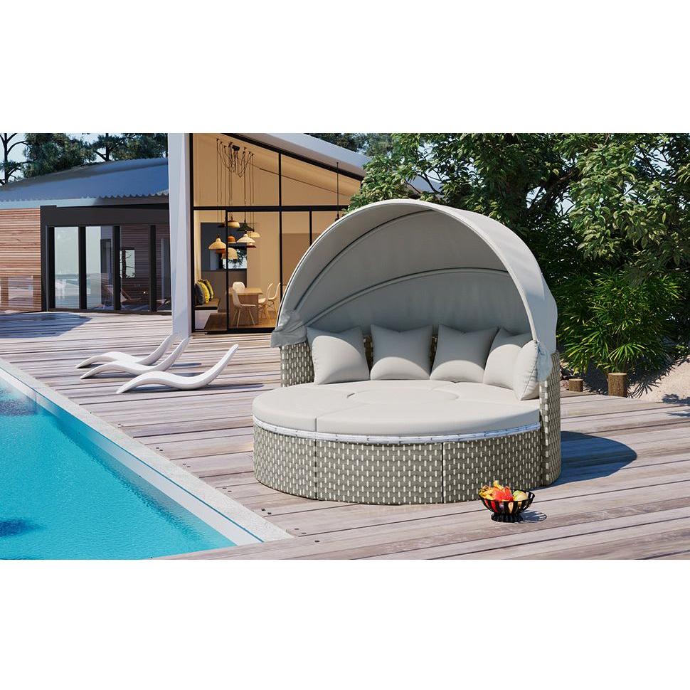 Patio Furniture Round Outdoor Sectional Sofa Set Rattan Daybed Two-Tone Weave Sunbed with Retractable Canopy, Separate Seating and Removable Cushion, Gray