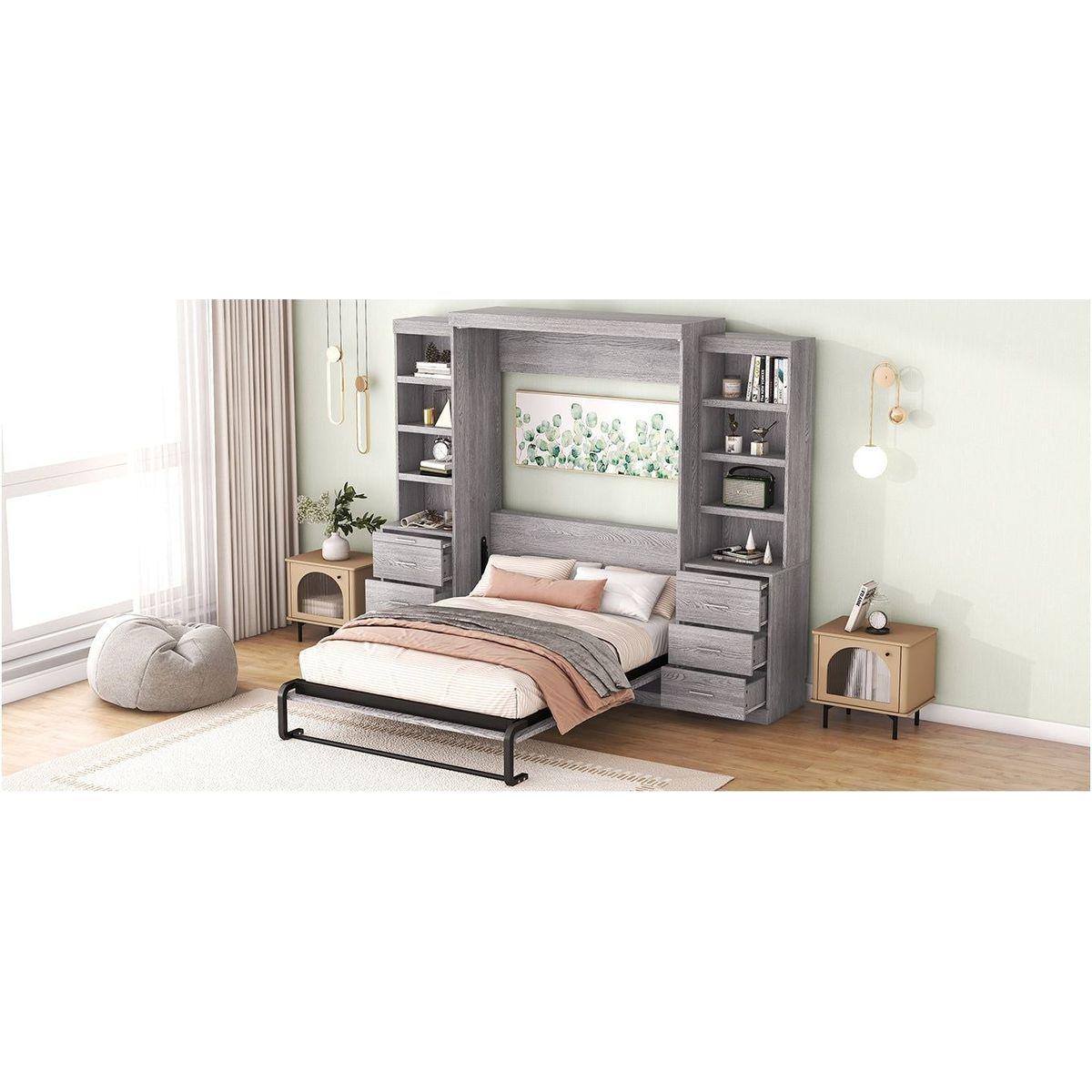 Full Size Murphy Bed with Storage Shelves and Drawers, Gray