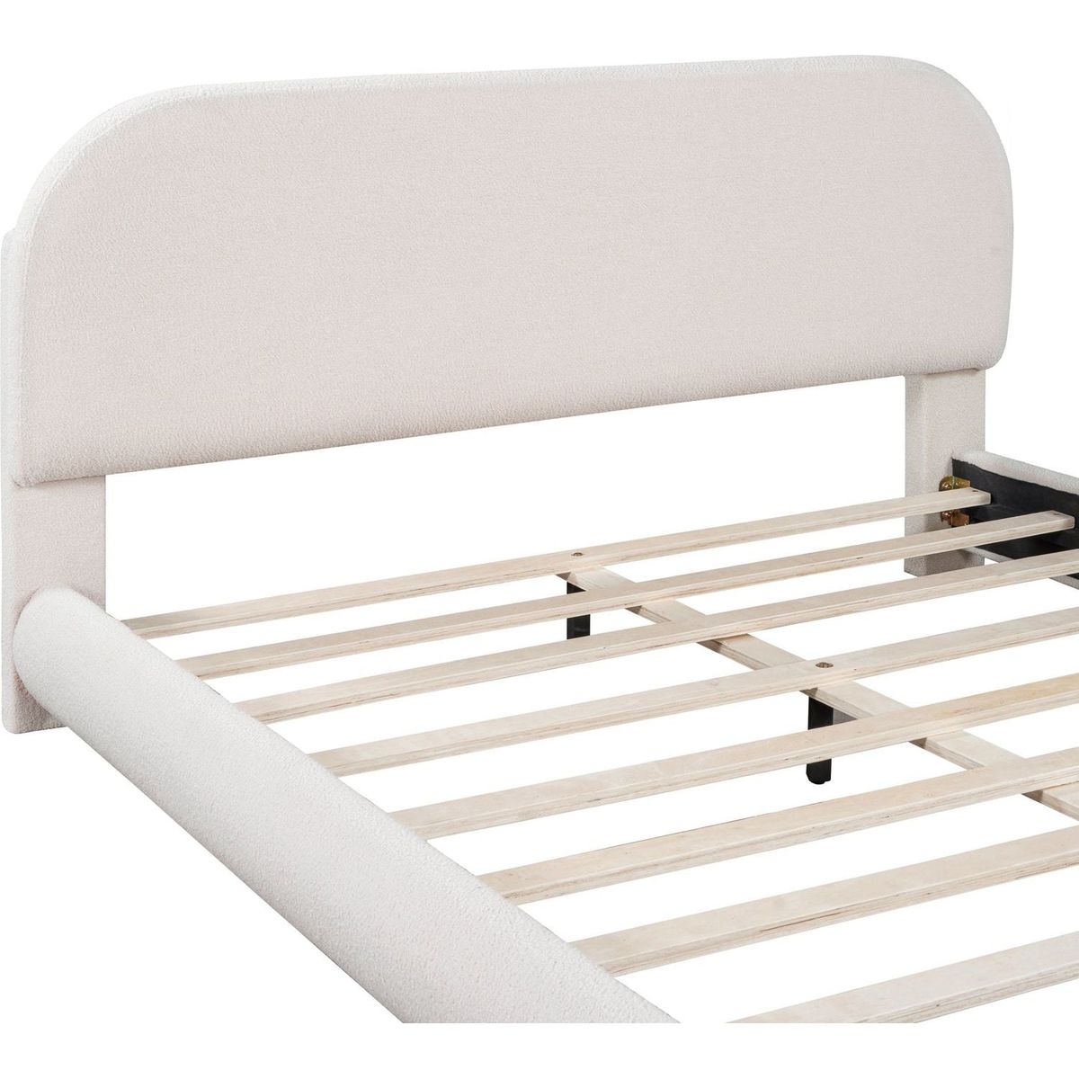 Teddy Fleece Queen Size Upholstered Platform Bed with Thick Fabric, Solid Frame and Stylish Curve-shaped Design, Beige