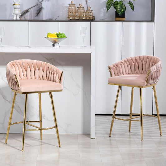 26" Counter height bar stools Set of 2 kitchen island counter bar stool with hand- wave back,golden chromed base and footrest(PINK)