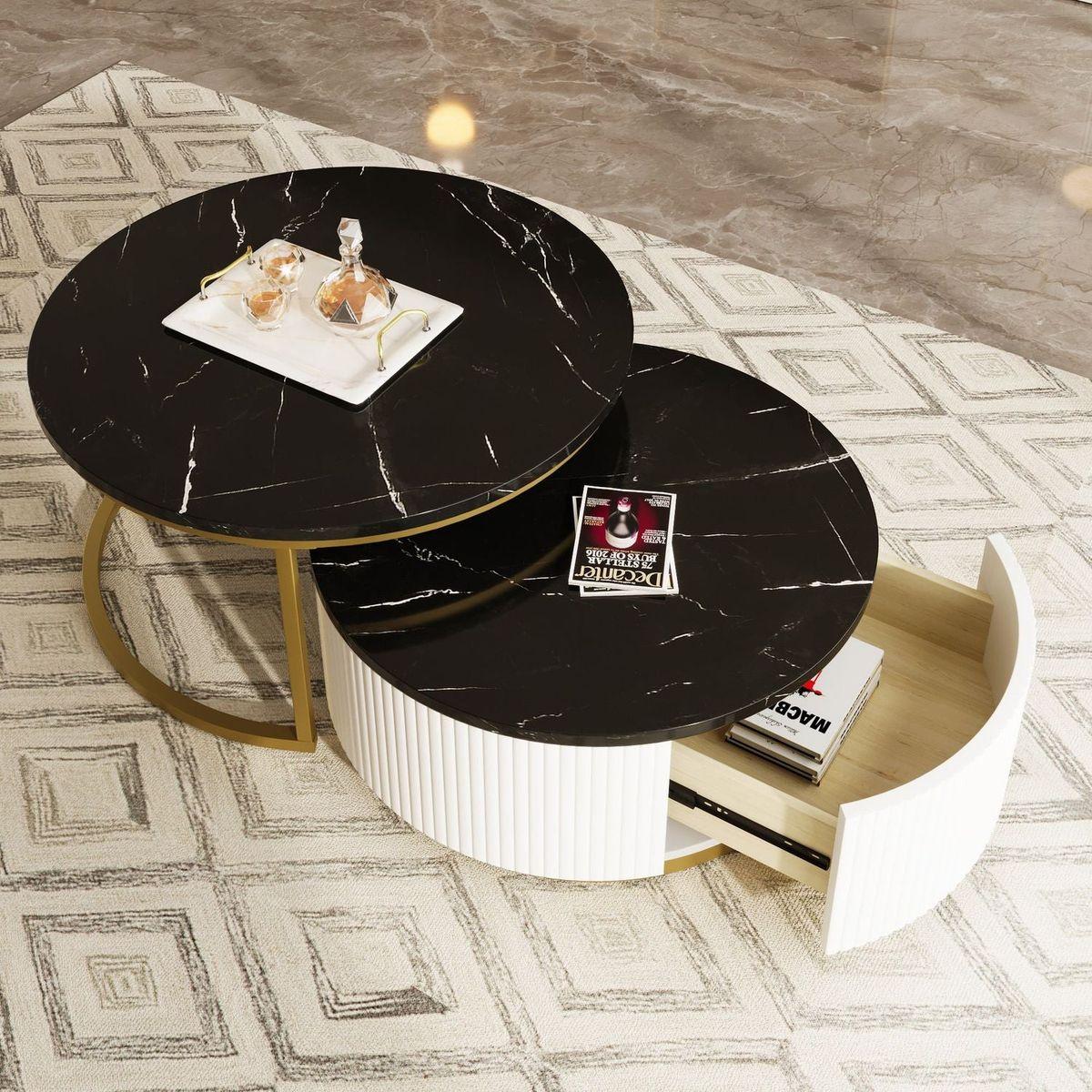 Modern Round Nesting Coffee Table Fluted with Drawer in Black & Gold in 31.5"