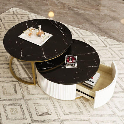 Modern Round Nesting Coffee Table Fluted with Drawer in Black & Gold in 31.5"