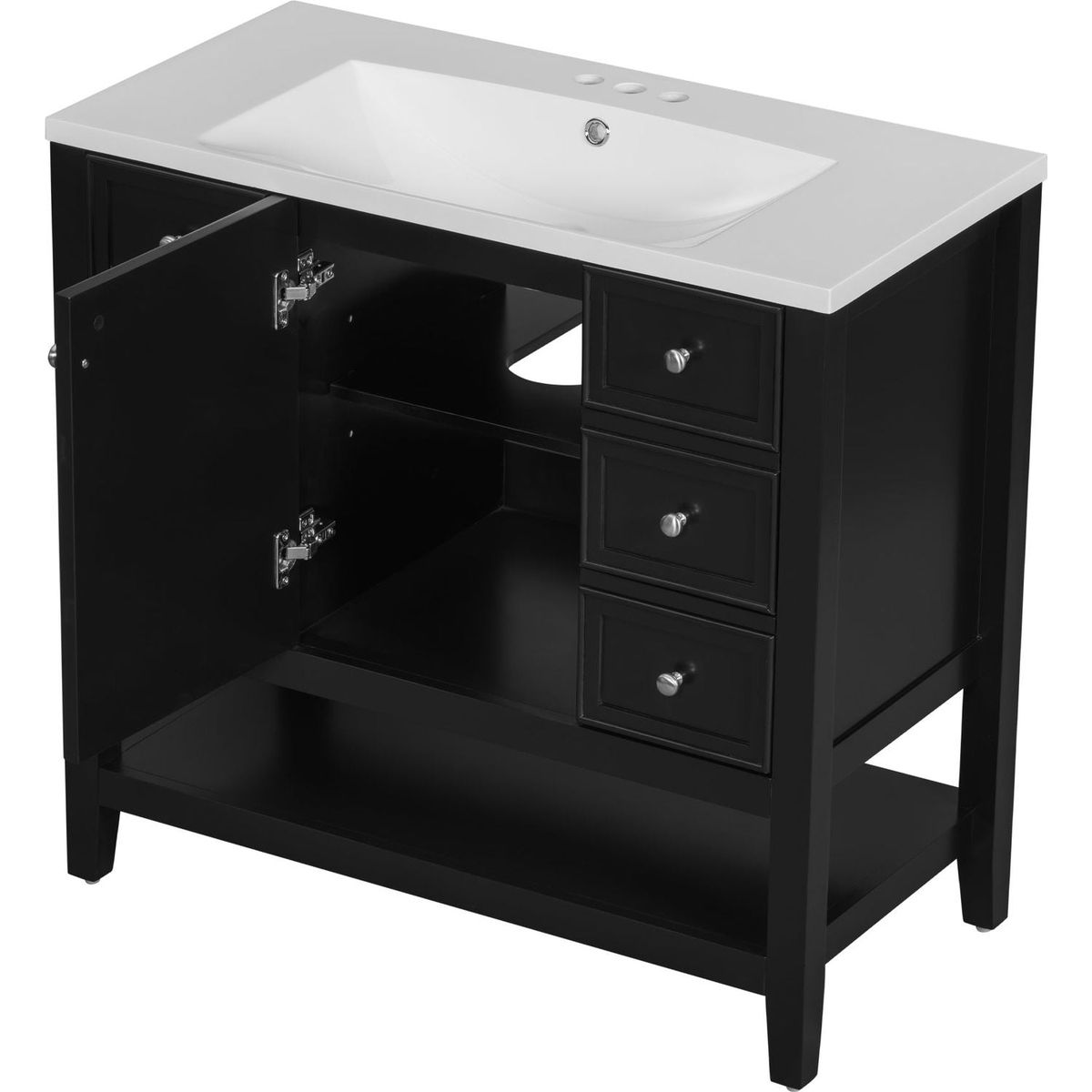 36" Bathroom Vanity with Sink Combo, One Cabinet and Three Drawers, Solid Wood and MDF Board, Black