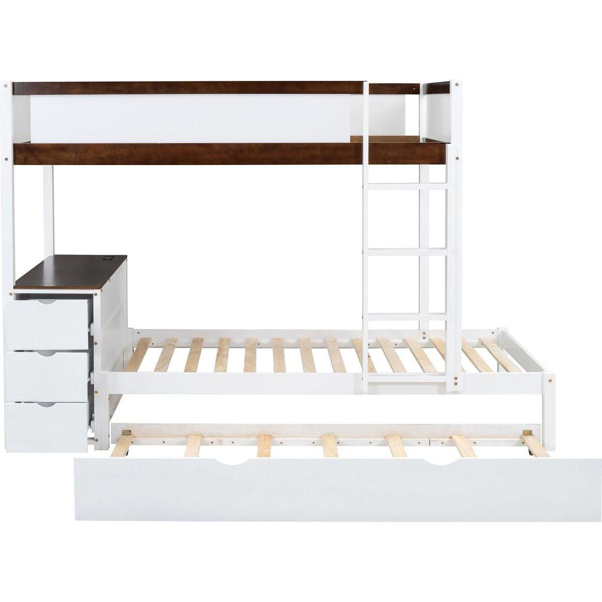 Twin-Over-Twin Bunk Bed with Twin size Trundle, Storage and Desk, White+Walnut
