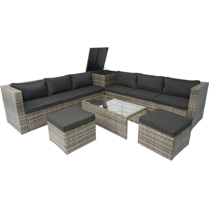 8 Piece Patio Sectional Wicker Rattan Outdoor Furniture Sofa Set with One Storage Box Under Seat and Cushion Box Grey wicker + Black Cushion + Clear Glass Top