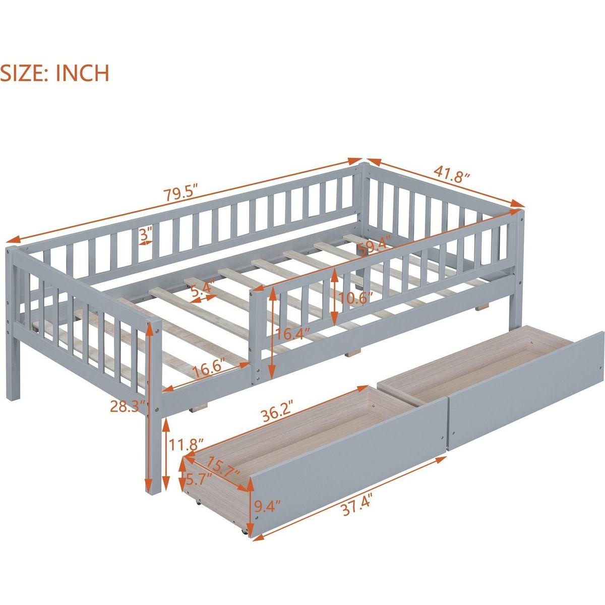 Twin Size Daybed Wood Bed with Two Drawers, Gray