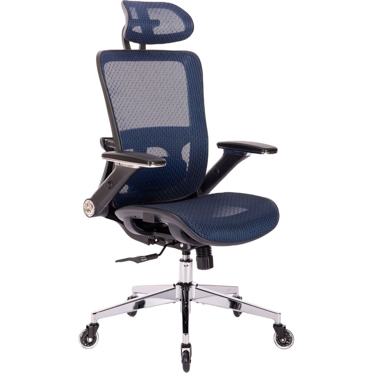 BLUE Ergonomic Mesh Office Chair, High Back - Adjustable Headrest with Flip-Up Arms, Tilt and lock Function, Lumbar Support and blade Wheels, KD chrome metal legs