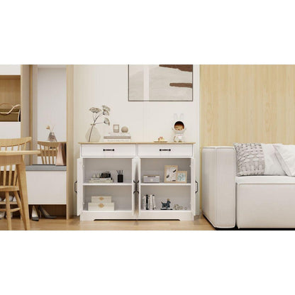 47.95" Farmhouse Buffet Cabinet Storage Sideboard with 2 Drawers and 4 Doors for Dining Living Room Kitchen Cupboard-White