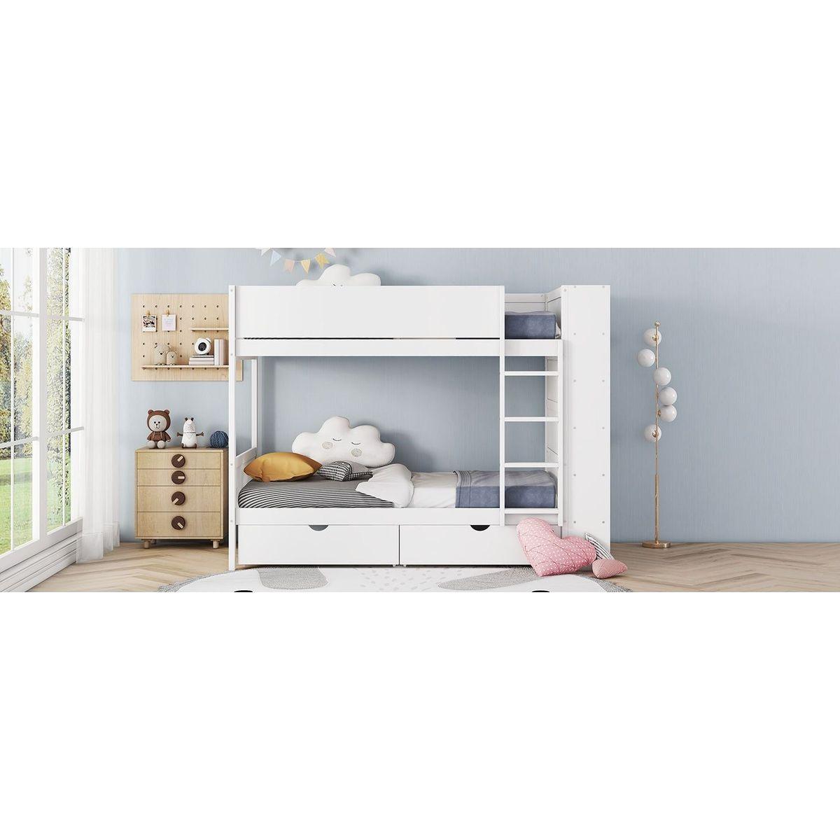 Twin over Twin Bunk Bed With 2 Drawers and Multi-layer Cabinet, White