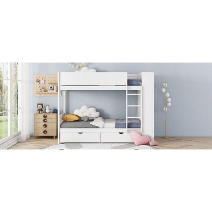 Twin over Twin Bunk Bed With 2 Drawers and Multi-layer Cabinet, White