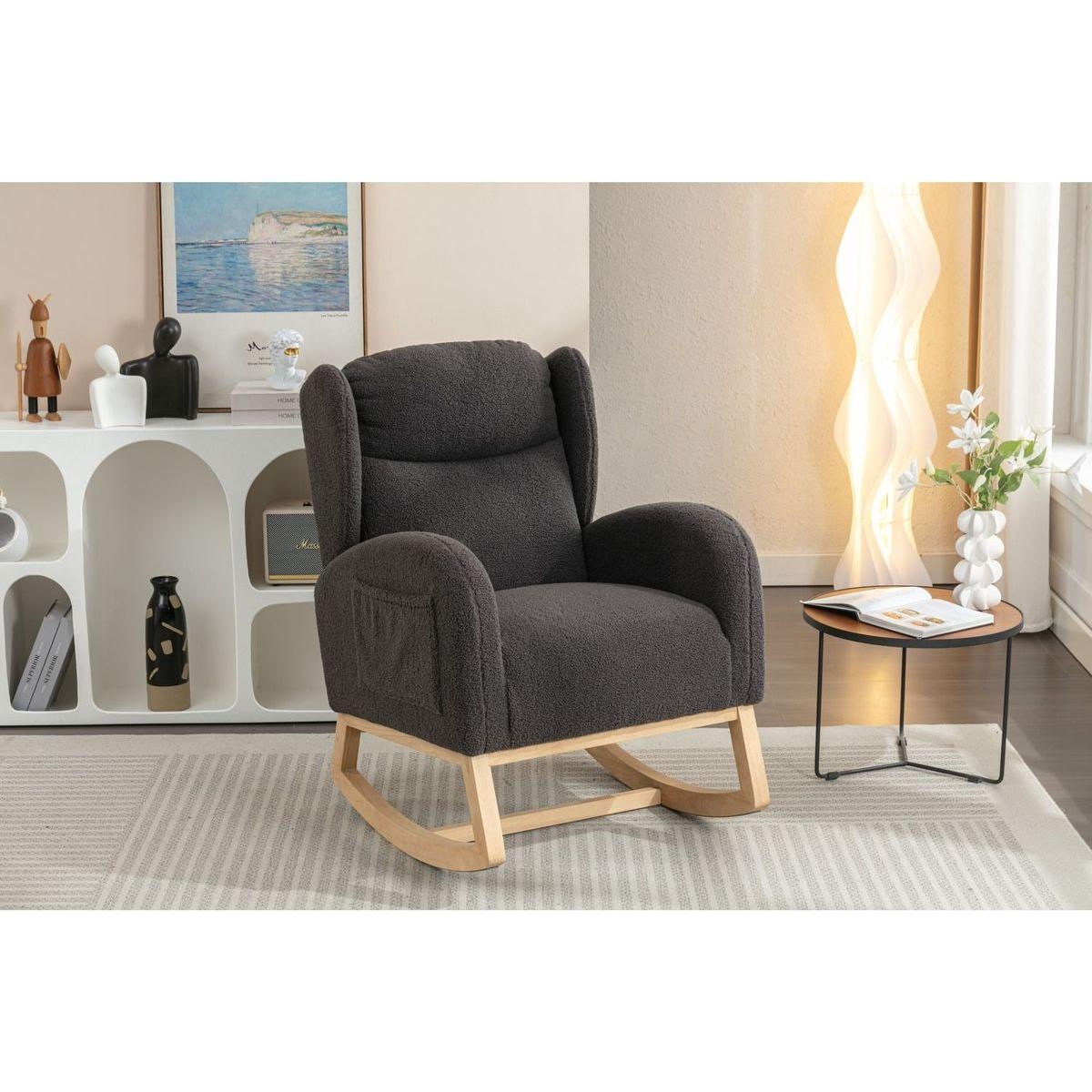 Teddy Fabric Rocking Chair With Packet Wood Legs,Dark Gray
