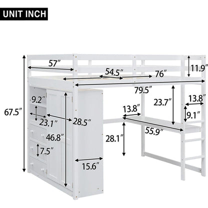 Wood Full Size Loft Bed with Built-in Wardrobe, Desk, Storage Shelves and Drawers, White