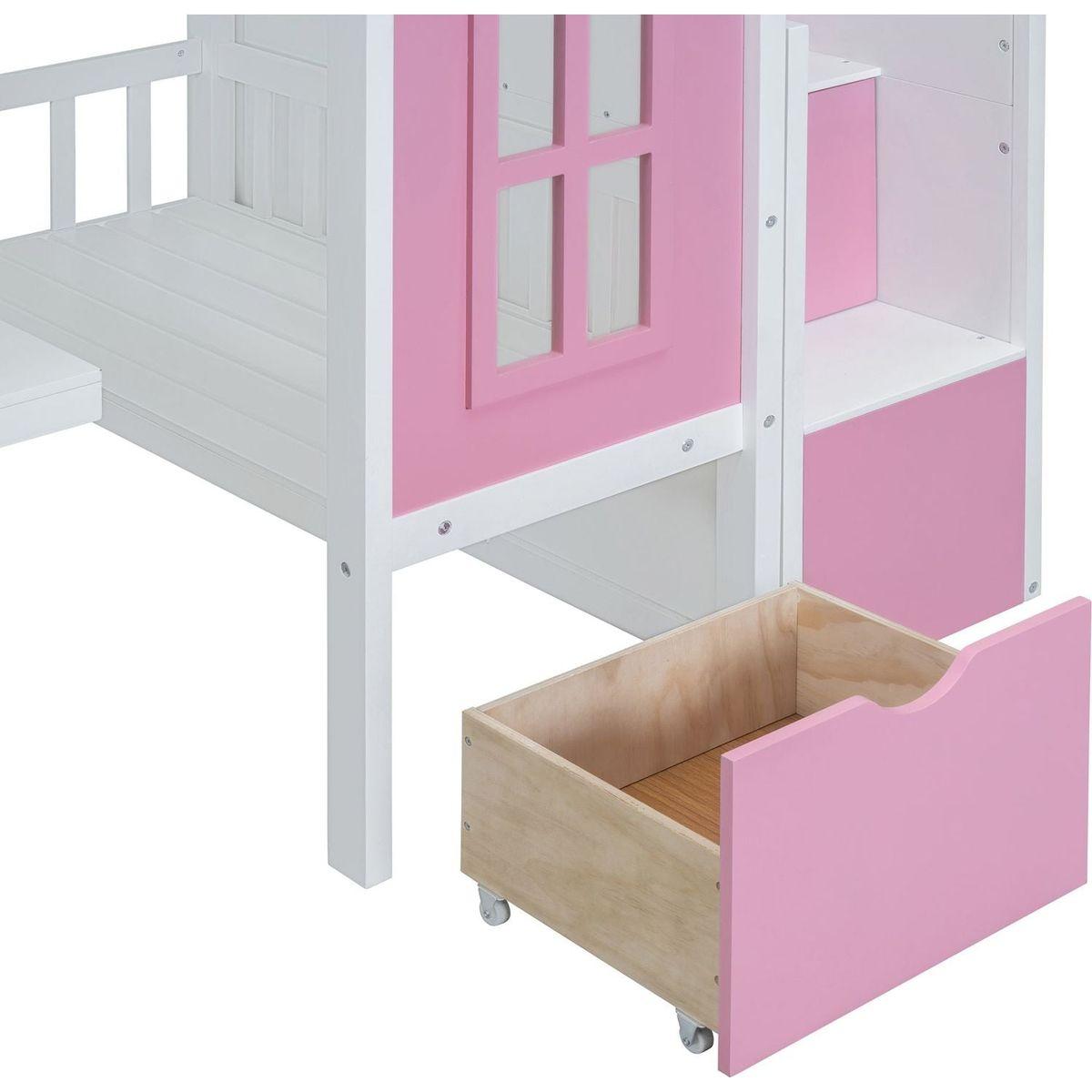 Twin-Over-Twin Bunk Bed with Changeable Table, Bunk Bed Turn into Upper Bed and Down Desk -Pink
