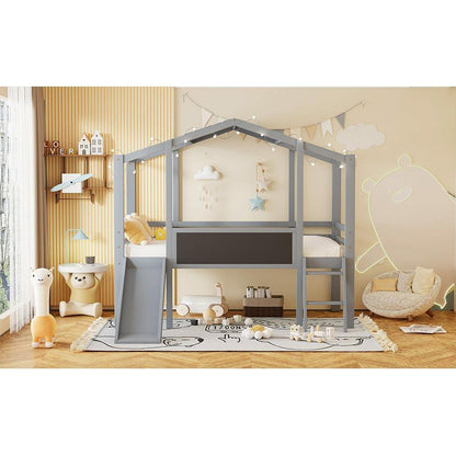 Twin Size Loft Bed with Ladder and Slide, House Bed with Blackboard and Light Strip on the Roof, Gray