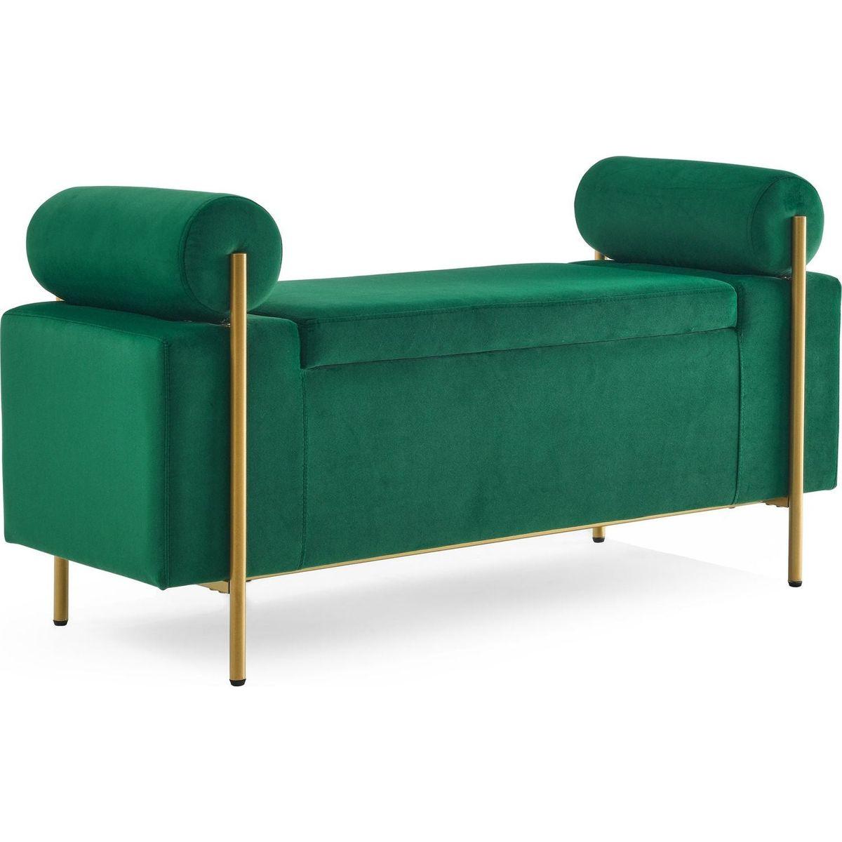 Elegant Upholstered Velvet Storage Bench with Cylindrical Arms and Iron Legs for Hallway Living Room Bedroom, Green