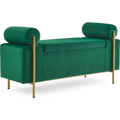 Elegant Upholstered Velvet Storage Bench with Cylindrical Arms and Iron Legs for Hallway Living Room Bedroom, Green