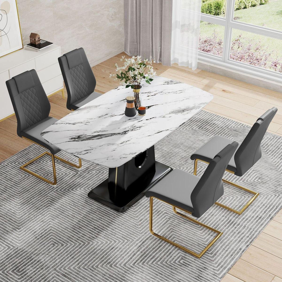 Table and chair set, modern and minimalist dining table, imitation marble patterned tabletop, MDF legs with U-shaped brackets. Paired with comfortable chairs, suitable for dining and living rooms.