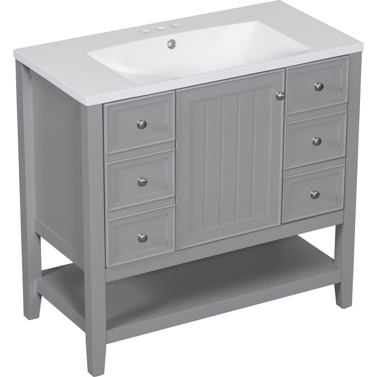 36" Bathroom Vanity with Sink Combo, One Cabinet and Three Drawers, Solid Wood and MDF Board, Grey