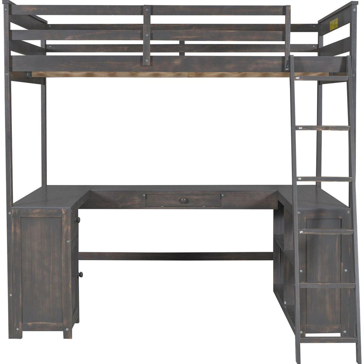 Full Size Loft Bed with U-shaped Desk, Drawers and Storage Shelves, Antique Brown
