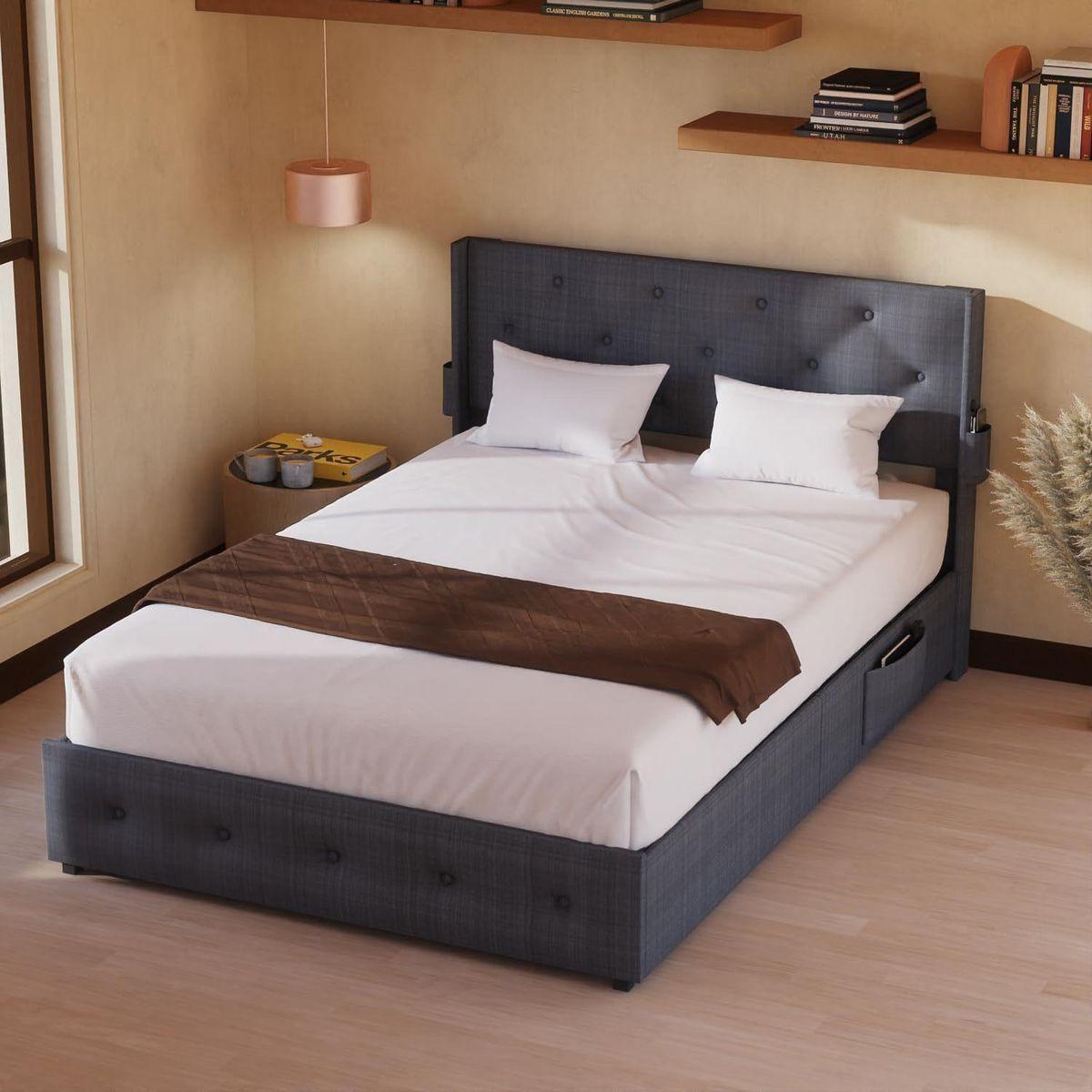 Queen Size Bed Frame with Storage - Lift Up Storage Bed with Modern Wingback Headboard, USB Ports