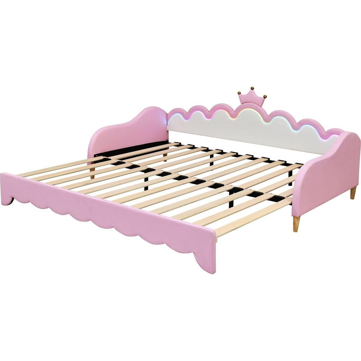 Twin Extending Daybed with LED Lights, Modern Upholstered Princess Daybed With Crown Headboard,Pink