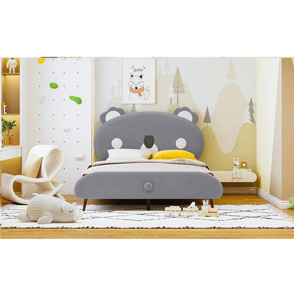 Full Size Upholstered Platform Bed with Koala-Shaped Headboard, Gray