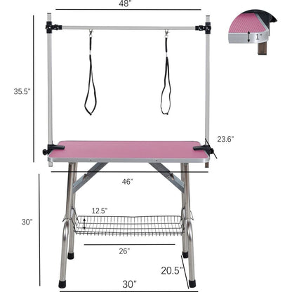 46" Folding Dog Pet Grooming Table Stainless Steel Frame Rubber Mat on Board with Adjustable Arm and Clamps pet dog Cat Grooming Table (PINK COLOR)