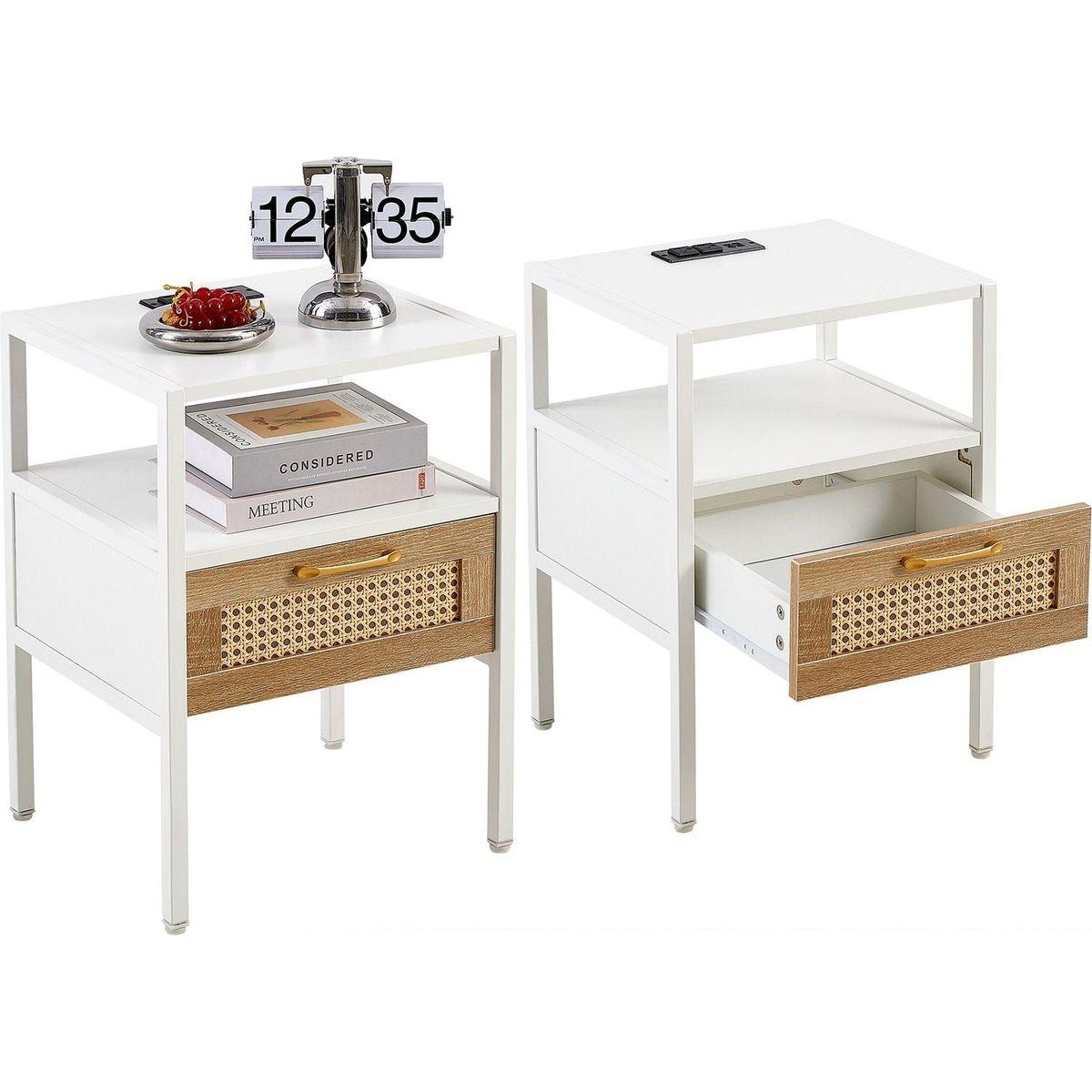 Set of 2, 15.75" Rattan End table with Power Outlet & USB Ports, Modern nightstand with drawer and metal legs, side table for living room, bedroom,white